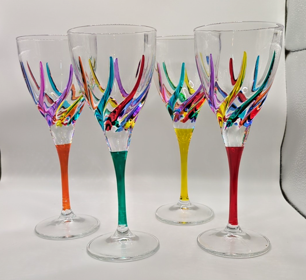 CC ZECCHIN MURANO Wine Glass, Rainbow Swirl Pattern 8-1/8” Tall