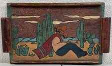 Antique Rancho Furniture Painted Wood Panel Tray Mexican Man Sombrero Monterey