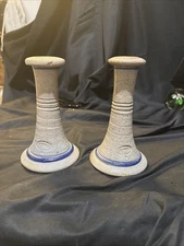 Rowe Pottery Works Ethan Allen Blue Salt Glazed Stoneware Pair 7 In Candlesticks