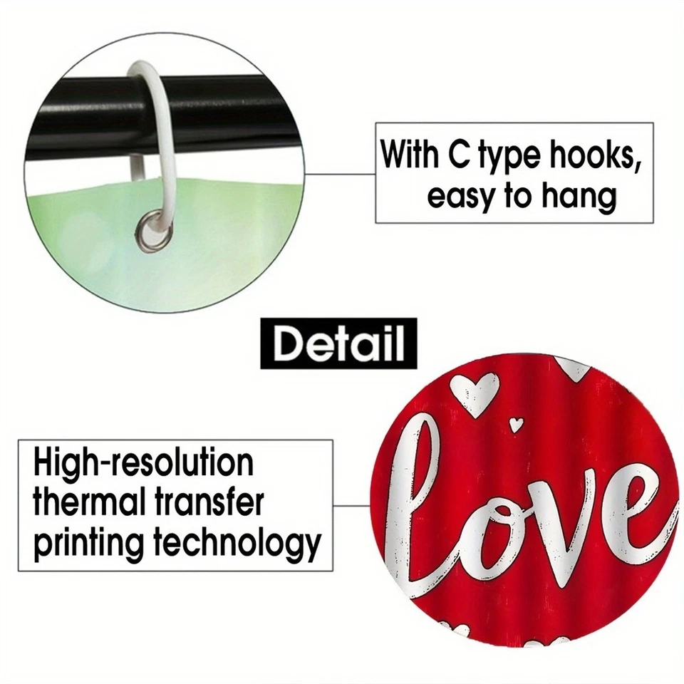 Romantic Love Heart Shower Curtain Bath Mat Bathroom Rugs Toilet Lid Cover Decor - Image 4 of 4