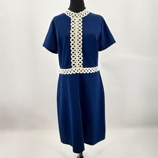 True Vintage 1960s Mod Navy Blue Dress Rope Trim Double Knit Polyester Midi