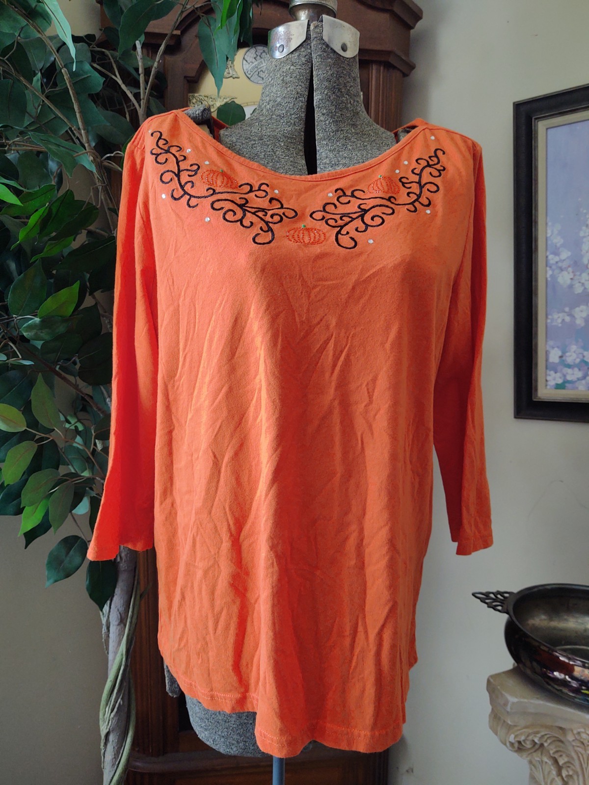 Basic Editions Orange Embroidered Bedazzled Pumpk… - image 1