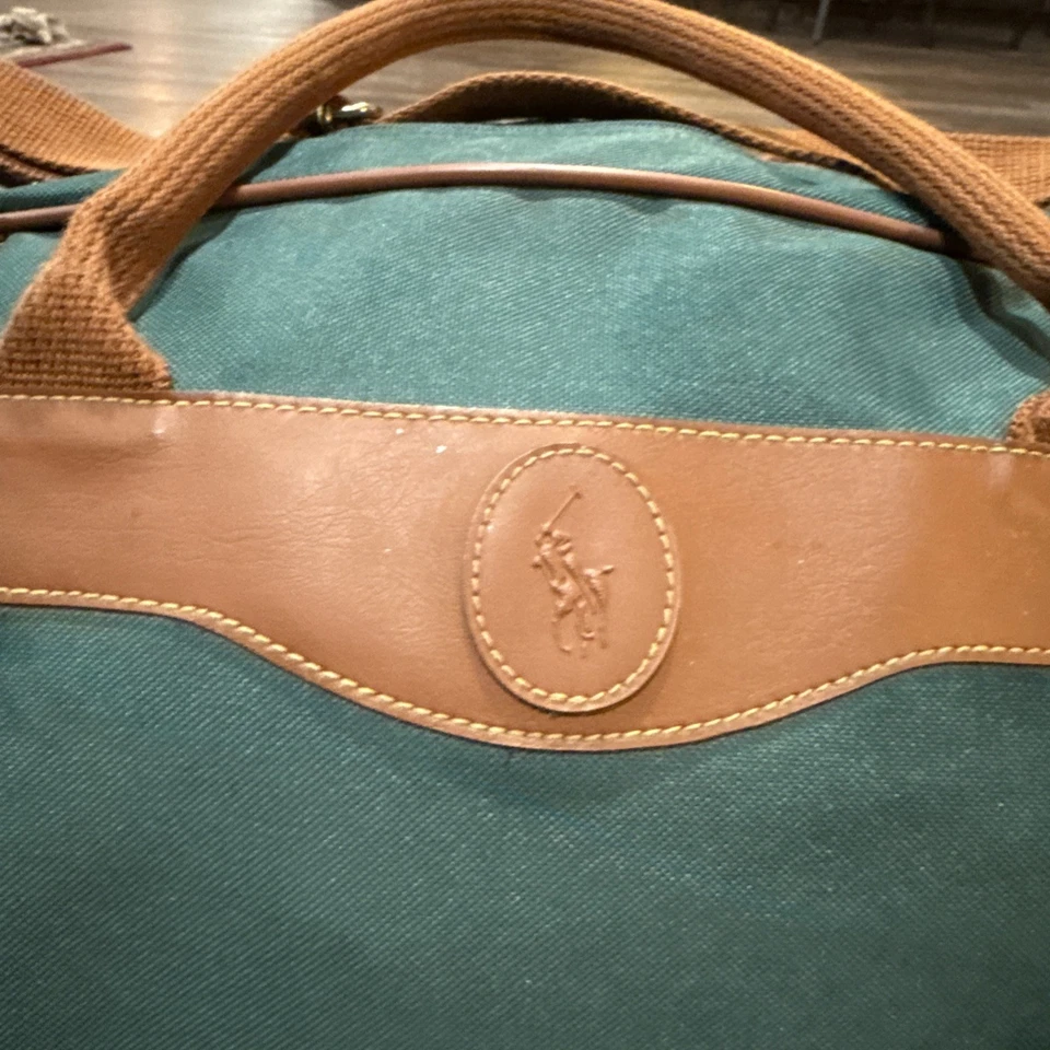 Vintage Ralph Lauren Polo Green Canvas Travel Bag Large Rolling Duffle wheels - Image 2 of 4