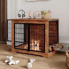 Indoor Dog Kennel End Table with Rotating Bowl, Wood  Steel Frame, Secure Locks