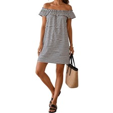 J.Crew Off the Shoulder Dress Womens Large Black White Striped Cotton Mini