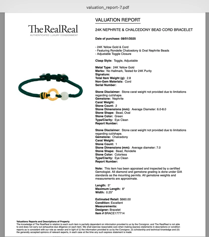 24K Gold 999 Gold Nephrite & Chalcedony Bead Cord Bracelet - Image 3 of 4