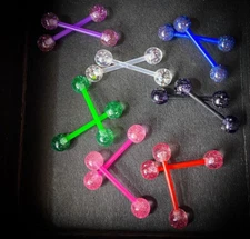 PAIR Flexible Barbell Nipple or Tongue Rings PTFE Ultra Glitter Style NO METAL