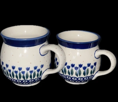 Boleslawiec Polish Pottery Bubble Mug 16 & 12 Oz Blue Floral Coffee Tea Set Of 2