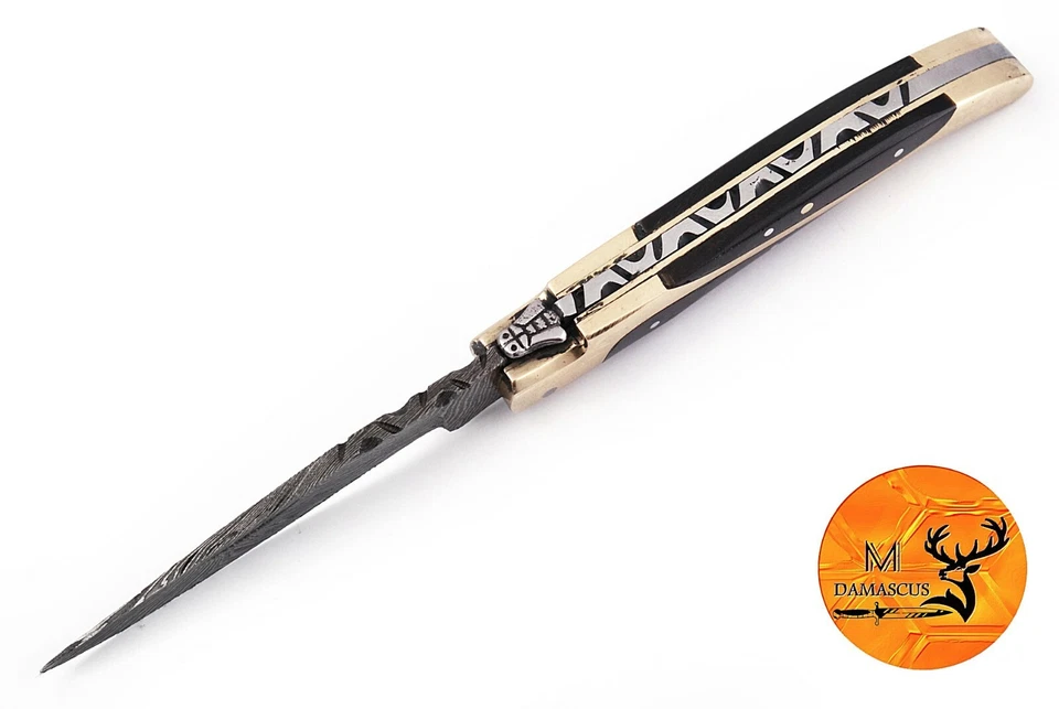 NAVAJA DE BOLSILLO PLEGABLE DE ACERO DAMASCO FORJADO HECHA A MANO PERSONALIZADA CAMPING EDC 1263 Foto 3 de 4