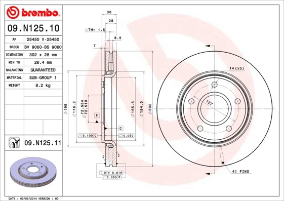 Brembo 2 Bremsscheiben Coated Disc Line BelüFtet 302 Mm (09.N125.11) |-image