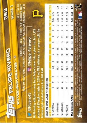 2017 Topps #353 Felipe Rivero NM-MT Pirates J2M - Picture 2 of 2