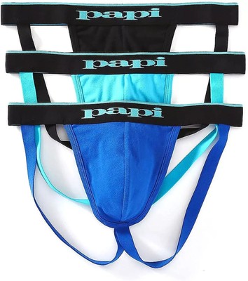papi Mens Cotton Stretch Jock Strap 3-Pack of Underwear, Black/Cobalt/Blue, M...