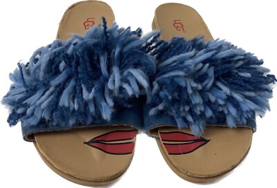 UGG Sandals Slide Willow Blue Pom/Yarn Fringe Red Glitter Heart/Lips Size 3 Cute
