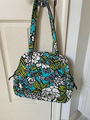Vera Bradley Aqua Green White Black Flower Double Handle Purse