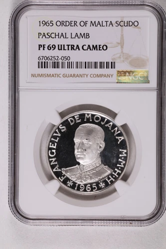 1965 ORDER OF MALTA SILVER 1 SCUDO PASCHAL LAMB - NGC PF 69 ULTRA CAMEO
