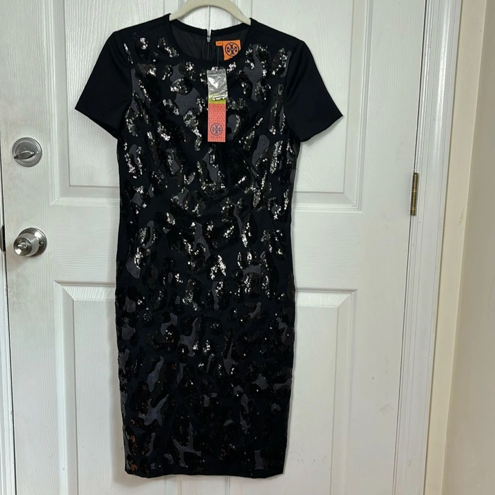 Abito Larissa nero TORY BURCH NUOVO CON ETICHETTE PAILLETTES LANA TAGLIA 4 MANICA CORTA