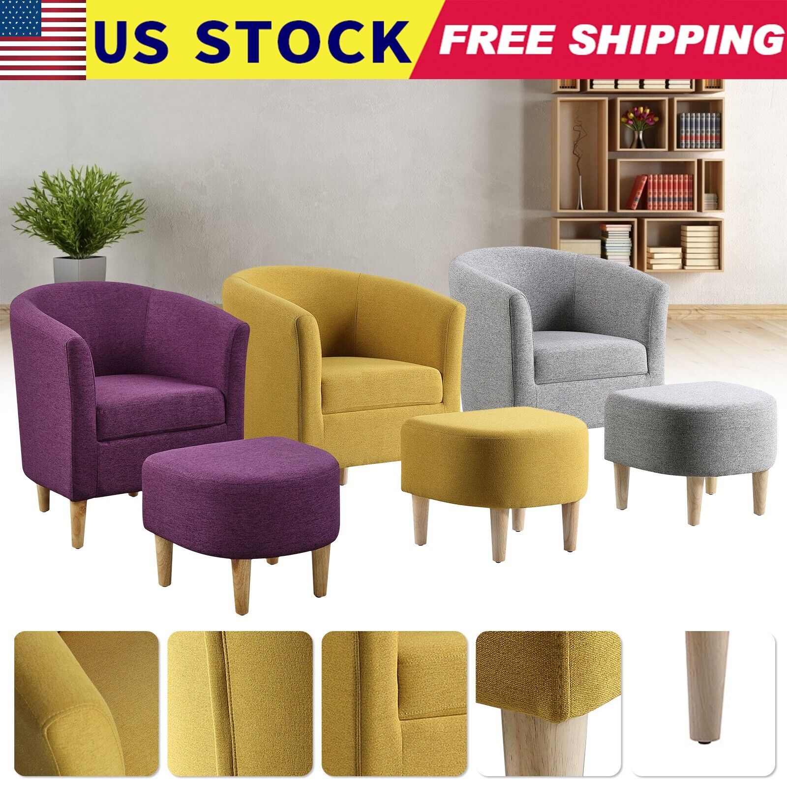 Modern Arm Accent Chair Upholstered Linen Fabric Single Sofa With Ottoman Hotel