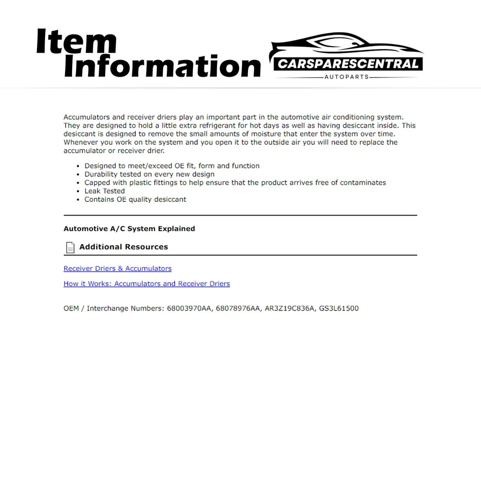 Receptor AC secador para Ford Mustang 5.8L 2013-2014 Jeep Compass 2.4L 2010-2015 - Imagem 3 de 3