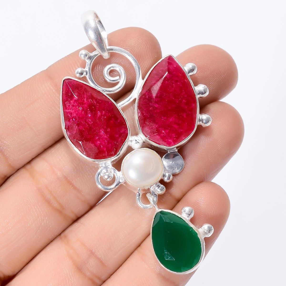 Natural Pink Ruby Pearl Gemstone 925 Silver Handmade Pendant 2.3