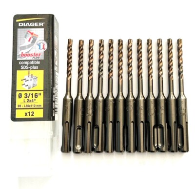 12 DIAGER BOOSTER 3/16'' SDS PLUS CARBIDE TIP MASONRY HAMMER DRILL BITS 2''x4''
