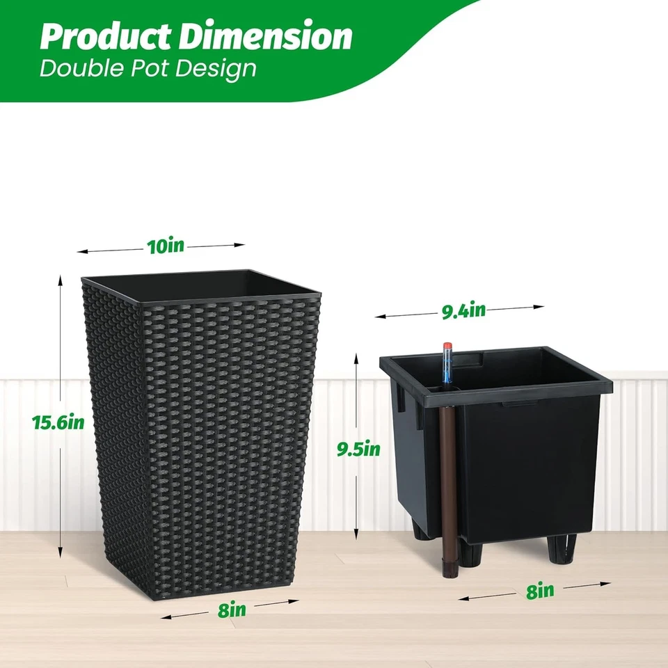 16in Black Rattan Self-Watering Planter Pot with Water Indicator, Indoor Use - Image 4 of 4