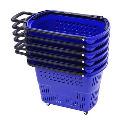 6 PCS Shopping Basket Blue Plastic With Wheels for Market Grocery Retail Store