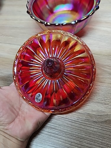 FENTON RUBY RED CARNIVAL IRIDESCENT OGEE 2 Piece CANDY DISH & Lid 7.5"W X 6.5"H - Picture 11 of 16