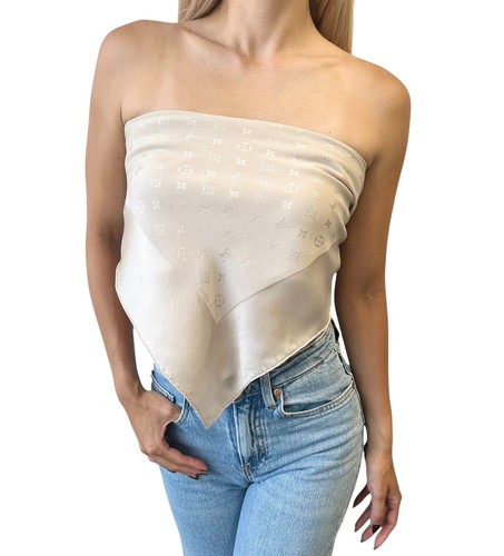 LOUIS VUITTON Vintage LV Monogram Logo Scarf Wrap Shawl Accessory Cream Silk