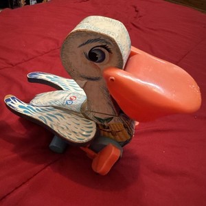 Fisher Price 1960s Vintage Wooden Big Bill Pelican Pull Toy #794 Works Quacks