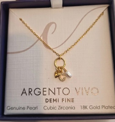 Argento Vivo Gold Halskette Sterlingsilber 18K vergoldet Perle, Herz & C Neu Verpackt