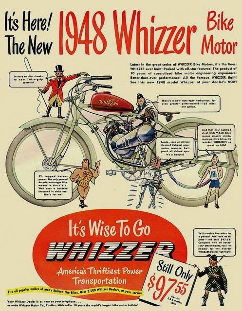 1948 WHIZZER CYCLE BIKE MOTOR ADVERTISING  5x7 GLOSSY  REPRINTS