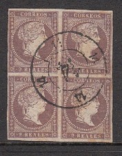 Espagne Classiques 1855 Edifil 46 Usagé - Bloc De Quatre Matasello Rueda Carret