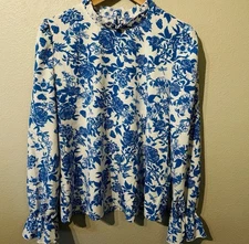 SHEIN Floral Blue White Top Blouse Long Sleeve Mock Neck Women’s Size L