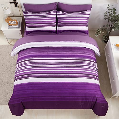 7-teiliges Bett in einer Tasche Streifen Bettdecke Set King Size, weiß und lila - Bild 3 von 6