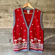 Koret Vintage Womens Floral Sweater Vest L Red Embroidered Novelty Grandmacore