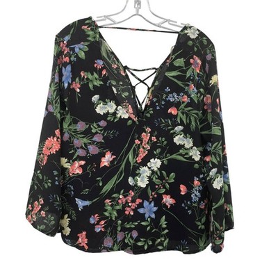 Lush Womens Floral Top V-Neck Lace Up Black/Multi Size Medium