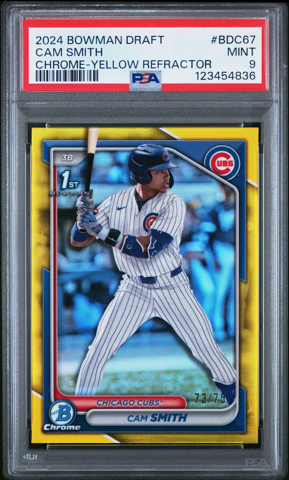 Cam Smith 2024 Bowman Draft 1st Bowman Chrome Yellow Refractor /75 PSA 9 Mint