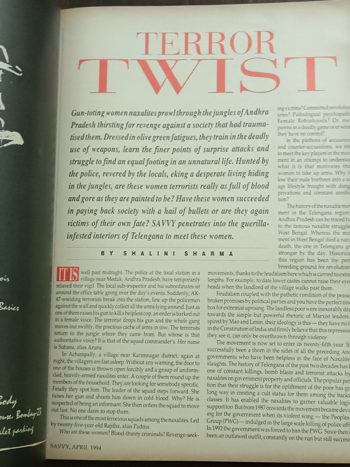 INDIA MAGAZINE SAVVY APR 1994 MADHU SAPRE, SHOBHA DE, WOMEN NAXALITES, MOVIES