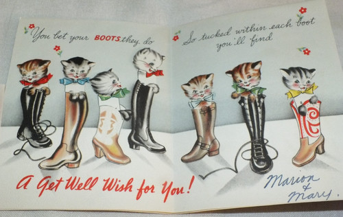 HALLMARK 1943 SEVEN PULL TAB MECHANICAL kittens in boots DAILY GET WELL CARD