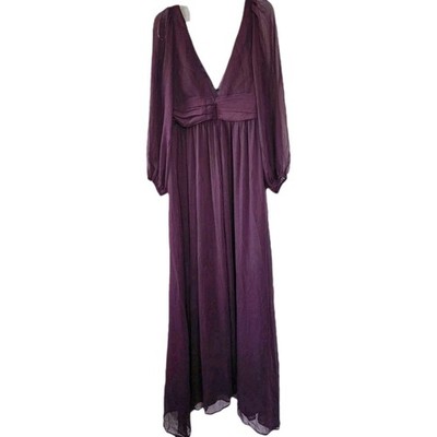 Lulu's Maxi Dress L Enchant My Love Dark Purple V-Neck Long Sleeve Wine Burgundy
