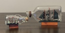 2 Vintage Handmade Ship in a Bottle Model Nautical Maritime Decor Wood Stand