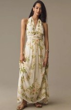 NEW Farm Rio X Anthropologie Floral Chiffon Halter V-Neck Maxi-Dress XL Tropical