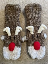 Christmas Reindeer Fleece Lined Knitted Slipper Socks Size M F&F BNWT