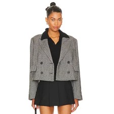 Free People Grey Herringbone Cropped Blazer Double Breasted Jacket XS