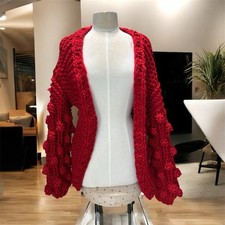 VTG Large Chunky Hand-Knit Red Cardigan Sweater Sz S Comfy Puffy Popcorn Puff