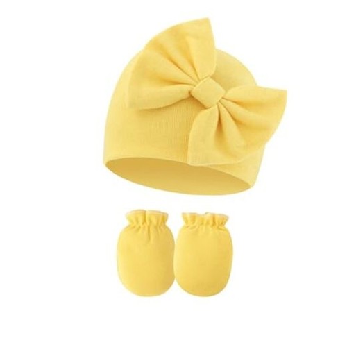 Newborn Beanies Cap No Scratch Mittens Set Infant Bow Caps 0-6 Months Yellow