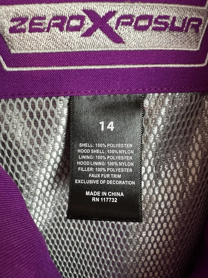 Chaqueta de esquí ZeroXposur Abrigo con capucha Parka Niñas 14 púrpura imitación piel bolsillos con cremallera Foto 2 de 4