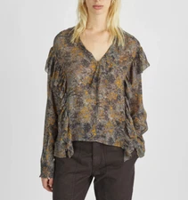 ISABEL MARANT ETOILE Blouse 36 Viscose Chiffon Floral Ruffle Long Sleeve Gray