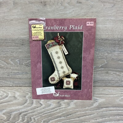 Just Nan Cross Stitch Pattern Cranberry Plaid Stocking with Embellishments