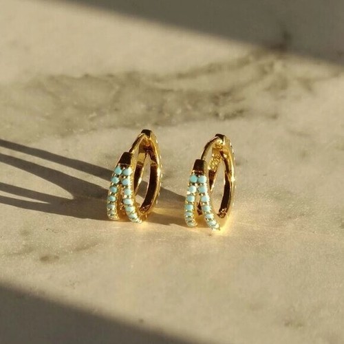 Double Turquoise + Gold Huggies 18K gold plated Sterling Silver Adorable Huggies - Picture 4 of 8